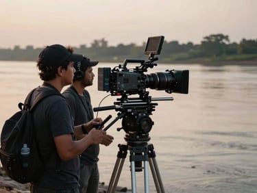 Cinematic wide-angle shot of a professional camera crew operating a high-end cinema rig on the banks of the Brahmaputra River during golden hour, dramatic natural lighting, anamorphic depth of field.
