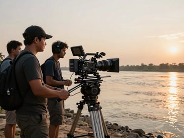 Wide anamorphic cinematic frame of a camera crew on a custom rig filming over the Brahmaputra river at golden hour, sharp focus, high contrast.