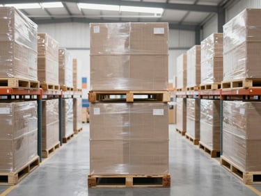 Straight-on medium shot of a clean, bright warehouse with organized product stacks, high-key commercial lighting.