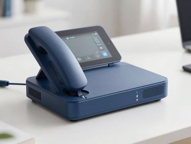 Close-up of a modern sleek digital home phone and streaming device on a clean white desk, bright daylight, shallow depth of field