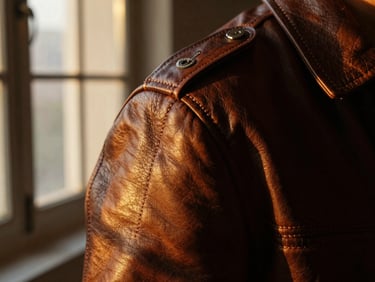 Close-up of heavy-duty double-needle stitching on a leather jacket shoulder seam, warm golden-hour window light highlighting the precise thread tension.