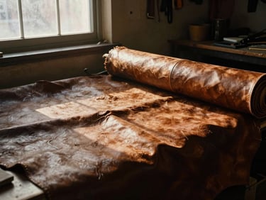 Wide panoramic shot of a dimly lit leather workshop in Chicago, warm golden-hour window light casting deep shadows on rolls of thick steerhide, 35mm