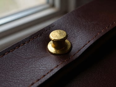 Macro shot of a solid brass rivet hammered into dark brown leather, showing the raw hand-finished metallic texture and deep shadows.