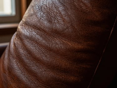 Extreme macro close-up of thick full-grain brown leather texture, showing deep pores and natural pull-up color variation under dramatic side lighting.