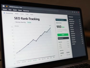 Close-up of a computer screen showing an SEO rank-tracking dashboard with keyword position graphs trending upward, domain authority score prominently displayed, cool studio lighting, dark UI, data visible and precise