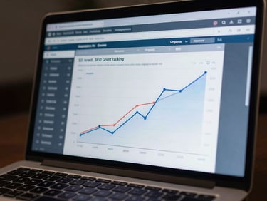 Close-up of a laptop screen showing SEO keyword ranking charts and organic traffic growth curves, cool indoor lighting, dark background with data visible