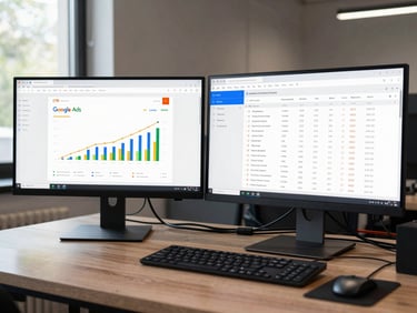 Environmental shot of a wide workspace showing two monitors side by side, one displaying a Google Ads campaign dashboard with CTR and ROAS graphs, the other showing an SEO keyword ranking table, cool daylight from left window, cables and data visible