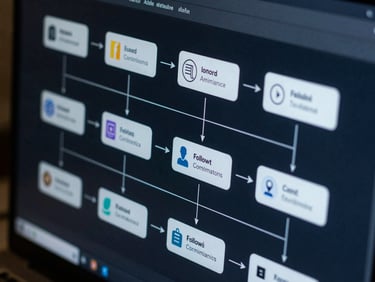 Close-up of a screen showing an AI automation workflow diagram—nodes and arrows mapping a lead intake sequence to follow-up triggers—cool blue tones, dark background, technical interface visible