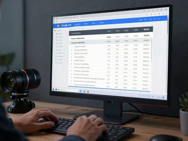 Wide shot of a reporting interface on a desktop monitor displaying Google Ads performance metrics—cost per acquisition and ROAS columns clearly visible—cool studio lighting, hands on keyboard in foreground