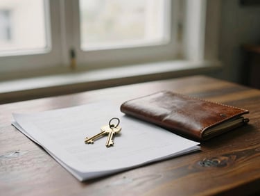 Clean interior space with documents, brass keys, and a leather portfolio resting on a dark wooden table, soft window light.