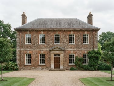 Straight-on architectural elevation of a historic brick estate home, soft overcast daylight, muted earth tones, 35mm film aesthetic