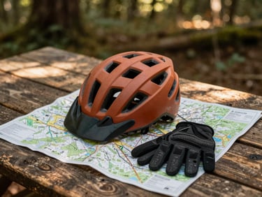 Mountain bike helmet and gloves resting on a trail map on a rustic wooden table, dappled forest light, 35mm