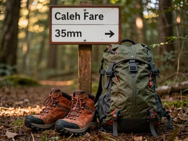 Hiking boots and a backpack next to a trail sign in a sunlit forest, earthy tones, 35mm