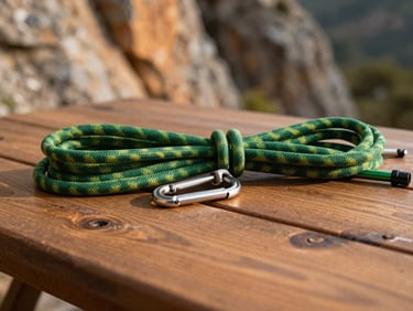 Close-up of climbing ropes and carabiners on a wooden table with a blurred background of a rock face, natural light, 35mm