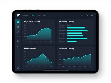 Sleek dark-mode UI displaying algorithmic bottlenecks and predictive resource leveling charts, cyber-cyan accents