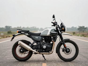Royal Enfield Himalayan 411 in profile on open tarmac, overcast diffused light, knobby tires and pannier mounts visible, empty road behind, no rider