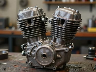 Close-up of a Royal Enfield cast-iron engine block on a workshop bench under diffused studio light, showing fins, bolt heads, and metal casting texture in sharp detail, no background clutter