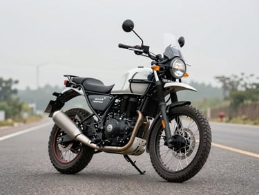 Royal Enfield Himalayan 411 three-quarter front view on open asphalt road, overcast diffused daylight, knobby tires and high clearance frame geometry clearly visible, no rider