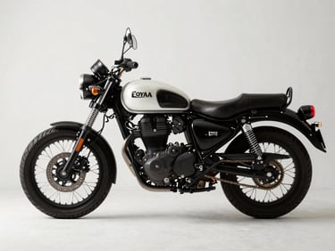 Royal Enfield Meteor 350 in profile against bare white wall, diffused studio light, full frame geometry visible, chain and exhaust detail clear, no rider