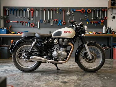 Wide interior shot of a motorcycle workshop, tools hanging on a pegboard wall, a Royal Enfield frame on a center stand under overhead diffused light, concrete floor, no people present