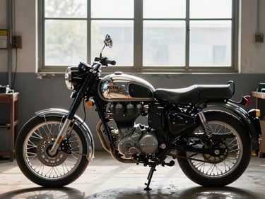 Royal Enfield Classic 350 side profile in open workshop, north-facing window light revealing chrome tank and spoke wheel details, teardrop tank and round headlamp clearly visible, no rider