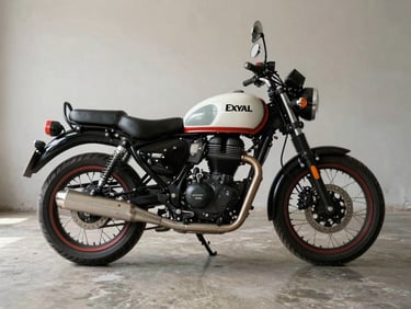 Royal Enfield Meteor 350 in profile on bare concrete floor, diffused daylight from left, full chassis visible including engine, exhaust, and spoke wheels, no rider