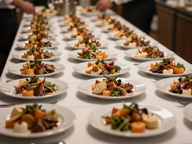 Wide shot of a corporate catering spread laid out before service, individual portion plates aligned on a long table, warm tungsten light, clean linen, no people