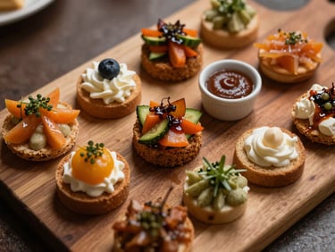 Overhead close-up of a variety of small appetizer portions arranged on a wooden serving board, warm soft light, colorful vegetables and sauces visible