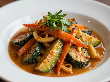 Close-up three-quarter angle of a vibrant vegetarian main course plated on a white dish, warm tungsten light, fresh herbs on top, rich color contrast between vegetables and sauce