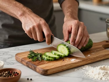Hands mid-motion slicing fresh vegetables on a wooden board under warm tungsten kitchen light, herbs and spices arranged nearby, flour dusting visible on the marble surface beside the board