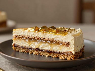 Three-quarter angle close-up of a layered birthday celebration dessert plated on a dark ceramic dish, warm soft indoor light, gold accent details