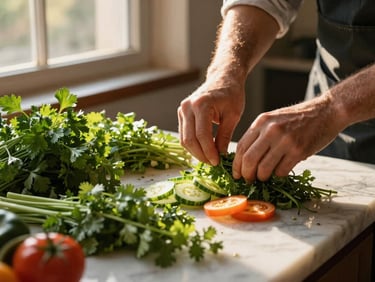 Hands of a caterer arranging fresh herbs and sliced vegetables on a prep counter, golden afternoon light through a nearby window, parsley and cilantro mid-placement, marble surface visible beneath the ingredients