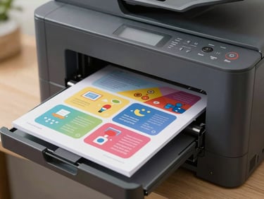 A professional color multifunction printer outputting vibrant, high-fidelity documents into the tray, clean daylight.