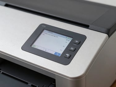 Close-up of a high-speed monochrome laser printer control panel, crisp digital screen showing status, neutral studio lighting.