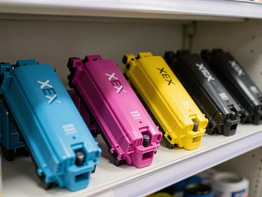 A row of genuine Xerox toner cartridges in cyan, magenta, yellow, and black, aligned on a clean storage shelf, sharp focus.