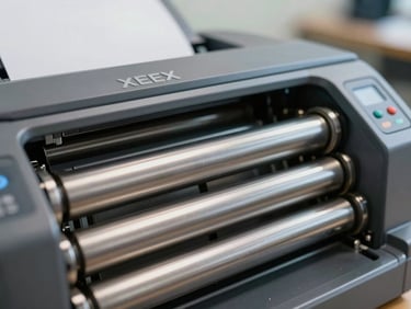 Macro close-up of a high-capacity Xerox printer paper feed mechanism, clean metallic rollers, bright neutral corporate office lighting