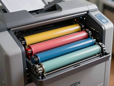 Vibrant color toner drums aligned inside a modern Xerox digital press, clean studio lighting