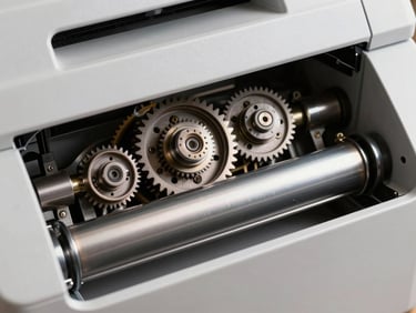 Macro detail shot of internal mechanical gears and precision paper feed rollers of a high-volume copier, clean studio lighting.