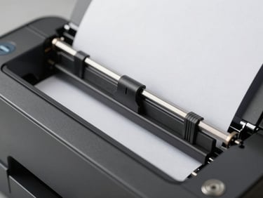 Macro detail shot of a monochrome printer paper feed mechanism, clean studio lighting, high precision