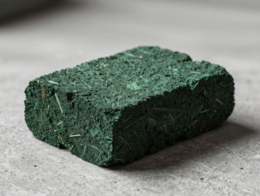 A single heavy-density biomass briquette log on a clean concrete surface, sharp side-lighting showing compressed wood fibers and organic density