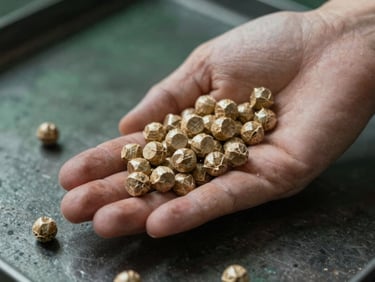 A handful of uniform, light brown wood pellets resting on a dark metal plate, crisp industrial lighting showing smooth compressed surfaces