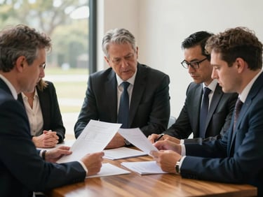 Overcast Australian daylight illuminates a collaborative meeting where three church leaders review structural documents on a wooden table, focused and professional.
