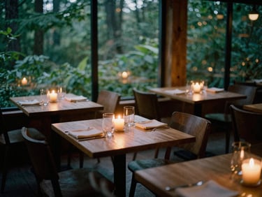 Cozy Scandinavian-style restaurant dining room at dusk, warm candle glow on empty tables, soft natural shadows, moody forest green tones, 35mm film texture