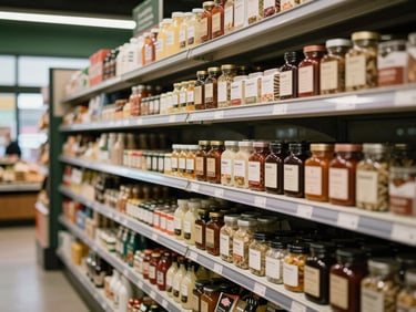 Candid shot of a modern food market aisle, artisanal products on shelves, warm indoor glow.