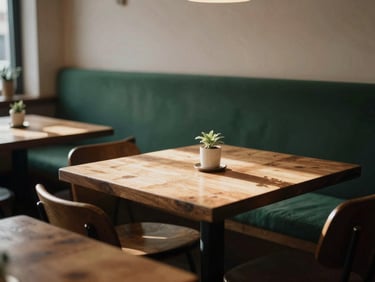 Cozy Scandinavian-style restaurant interior, warm wooden tables, moody shadows, soft natural light.