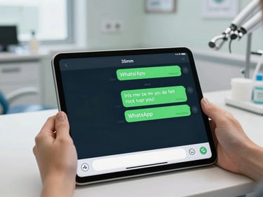 A tablet showing a WhatsApp chat interface, with a green message bubble indicating an AI response, held in hands on a countertop in a bustling dental clinic, natural light.