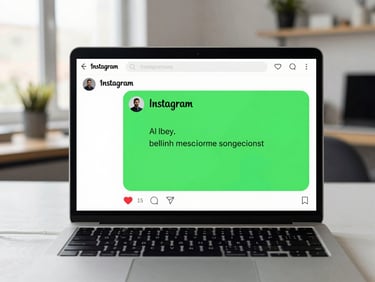 A laptop screen displaying an Instagram comment section, with a vibrant green overlay highlighting an AI-generated reply, on a desk in a creative design studio, natural light.