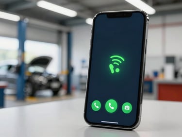 A medium-close shot of a modern smartphone displaying an incoming call, with a subtle signal-green UI overlay indicating AI reception, on a clean desk in a well-lit auto repair shop.