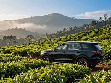 A premium black SUV parked next to a lush green tea plantation in Nuwara Eliya, misty mountain peaks in the background, warm morning light, 35mm lens
