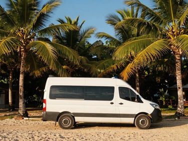 A spacious white passenger van parked near a quiet sandy beach in Mirissa, coconut trees framing the shot, bright daylight, travel editorial photography